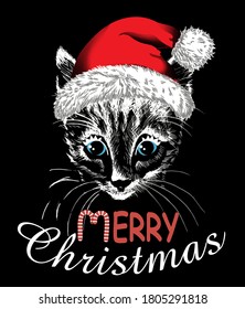 Black cat kitten face with Santa hat. Hand drawn vector illustration. Christmas print for girls t-shirt.