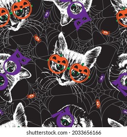 Black cat kitten faces with glasses pumpkin and boo on spider web background. Halloween seamless pattern.