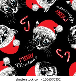 Black cat kitten faces with Santa hat. Hand drawn vector illustration. Christmas seamless pattern.