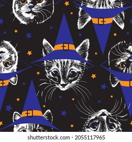 Black cat kitten faces in witch's hat in stars night. Halloween seamless pattern
