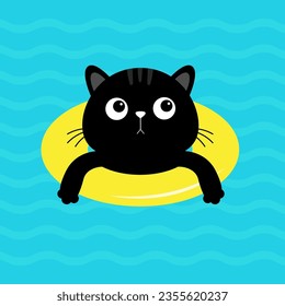 Black cat kitten floating on yellow pool float water circle. Hello Summer. Top air view. Swimming pool sea ocean water. Lifebuoy. Cute cartoon relaxing character. Flat design. Vector