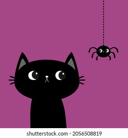 Black cat kitten. Hanging spider. Happy Halloween. Bones text font. Bone letter type. Cute cartoon kawaii character. Pet baby collection. Greeting card. Flat design. Violet background. Isolated Vector