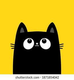 Silueta de la cara de gatito negro mirando hacia arriba. Animal Kawaii. Caricatura lindo, personaje de bebé. Plantilla de impresión de adhesivos para portátiles. Colección de mascotas. Diseño plano. Fondo amarillo. Aislado. Vector