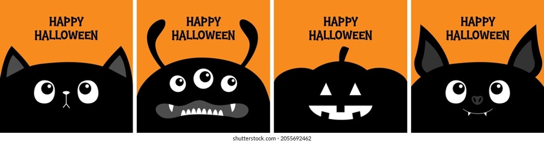Black cat kitten head face, bat, monster, pumpkin set line. Happy Halloween. Bones text font. Bone letter type. Cute cartoon pet character. Greeting card. Flat design. Orange background. Vector
