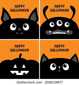 Black cat kitten head face, bat, monster, pumpkin set. Happy Halloween. Bones text font. Bone letter type. Cute cartoon pet character. Greeting card. Flat design. Orange background. Isolated. Vector