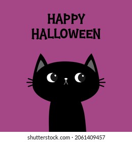 Black cat kitten head face. Happy Halloween. Bones text font. Bone letter type. Cute cartoon kawaii character. Pet baby collection. Greeting card. Flat design. Violet background. Isolated. Vector