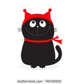 Black Cat kitten head face looking up. Kitty wearing red hat, scarf. Cute funny cartoon character. Merry Christmas. Hello winter. Flat design. White background. Vector illustration