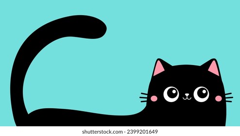 Black cat kitten hiding silhouette. Cute funny face head. Pink cheeks. Cartoon pet character. Kawaii animal. Baby card. Notebook cover. Sticker print. Banner. Flat design. Blue background. Vector