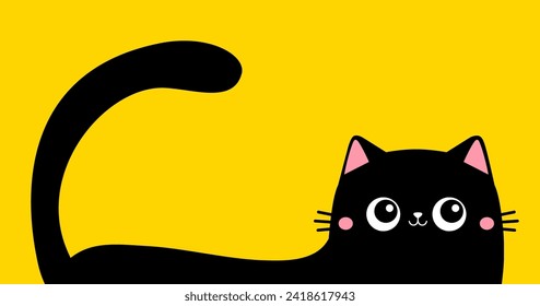Black cat kitten hiding silhouette. Cute funny face head. Pink cheeks. Kawaii animal. Cartoon pet character. Baby card. Notebook cover. Sticker print. Banner. Flat design. Yellow background. Vector