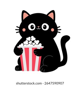 Black cat kitten holding big popcorn box. Cute cartoon funny character. Cinema theater. Film show. Pop corn food. Kitten sitting watching movie. Childish style. Flat design. White background. Vector
