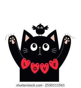 Gato negro gatito sosteniendo guirnalda de corazón. Pájaro sentado en la cabeza. Cara graciosa. Huella de pata. Kawaii bebé animal de compañía. Lindo personaje de dibujos animados. Tarjeta de felicitación, impresión de la etiqueta engomada. Diseño plano. El fondo blanco. Vector