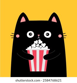 Black cat kitten holding popcorn box. Kitten watching movie. Pop corn food. Cute cartoon funny character. Film show. Cinema theater. Childish style. Flat design. White background. Isolated. Vector