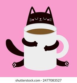 Black cat kitten holding white coffee tea cup. Good morning. Happy Valentines Day. Paws hand. Cute cartoon funny baby animal pet character. Love greeting card. Flat design. Pink background. Vector