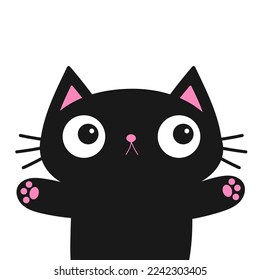 Black cat kitten hug. Pink paw print. Cute cartoon baby character. Funny face head silhouette. Happy Halloween. Meow. Kawaii animal. Pet collection. Flat design. White background. Vector