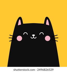 Black cat kitten kitty face head icon. Pink ears, cheeks. Cute cartoon funny baby character. Funny kawaii doodle animal. Pet collection. Childish style. Flat design. Yellow background. Isolated Vector