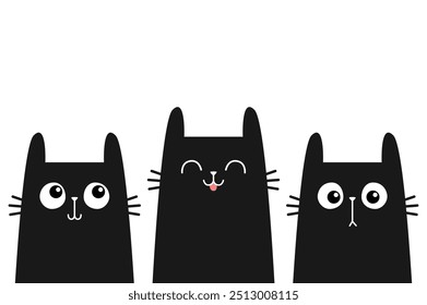 Black cat kitten kitty face icon set. Sad, happy, surprised emotion. Cute kawaii cartoon character. Valentines Day. Greeting card, banner, tshirt, sticker print. White background. Flat design Vector