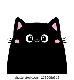 Black cat kitten kitty face head icon. Cute cartoon funny baby character. Pink cheeks, ears. Funny kawaii doodle animal. Pet collection. Childish style. Flat design. Isolated White background. Vector