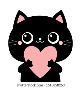 Black cat kitten kitty head face holding big pink heart. Happy Valentines Day. Cute cartoon kawaii funny animal character. Flat design. Love card. White background. Isolated. Vector illustration