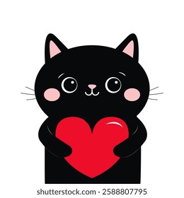 Black cat kitten kitty holding red heart. Cute cartoon kawaii funny animal baby character. Flat design. Happy Valentines Day. Love card. Childish style. White background. Isolated. Vector illustration