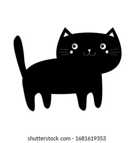 Icono de gatito gatito negro. Cara divertida. Caricatura kawaii. Feliz Día de San Valentín. Plantilla de adhesivo para camisetas con tarjeta de saludo para bebés. Estilo escandinavo. Fondo blanco. Diseño plano. Vector