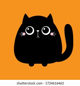 Black cat kitten kitty kitten icon. Cute kawaii cartoon character. Funny sad face. Baby greeting card tshirt sticker notebook cover template. Happy Valentines Day. Orange background Flat design Vector