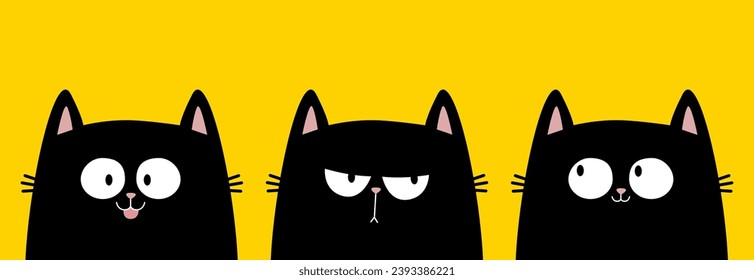 Black cat kitten kitty icon banner set. Cute kawaii cartoon character. Sad, happy surprised emotion. Happy Valentines Day. Greeting card, tshirt, sticker template. Yellow background Flat design Vector