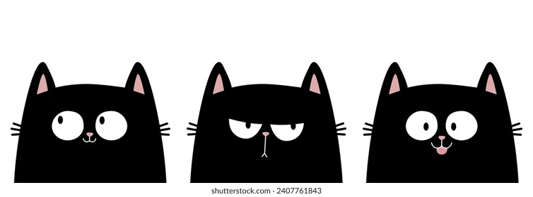 Black cat kitten kitty icon banner set. Sad, happy, surprised emotion. Cute kawaii cartoon character. Happy Valentines Day. Greeting card, tshirt, sticker template. White background Flat design Vector