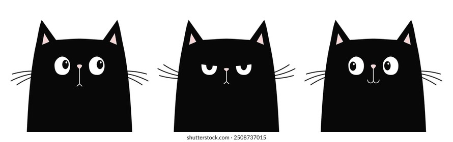 Black cat kitten kitty icon set. Sad, happy, surprised, angry emotion. Cute kawaii cartoon character. Valentines Day. Greeting card, banner, tshirt, sticker print. White background. Flat design Vector