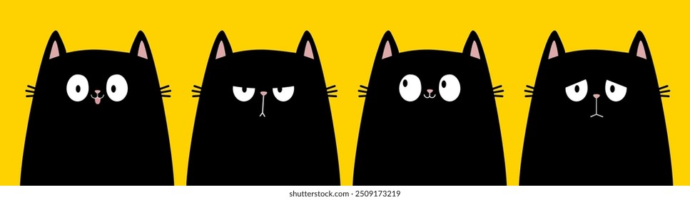 Black cat kitten kitty icon set. Cute kawaii cartoon character. Happy, sad, angry, surprised emotion. Happy Valentines Day. Greeting card, banner, tshirt, sticker. Yellow background Flat design Vector