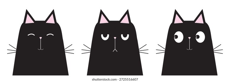 Schwarze Katze Kätzchen Kätzchen Symbol-Set. Netter Kawaii-Cartoon-Charakter. Traurig, wütend, glücklich, überrascht. Valentinstag. Grußkarte, Banner, Hemd, Aufkleber. Gelber Hintergrund Flaches Design Vektor