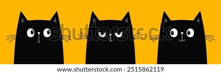 Black cat kitten kitty icon set. Cute kawaii cartoon character. Sad, angry, happy, surprised emotion. Valentines Day. Greeting card, banner, tshirt, sticker print. Yellow background Flat design Vector