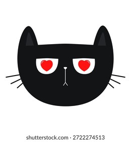 Gato negro gatito con ojos de corazón rojo. Cara de cabeza graciosa. Feliz día de San Valentín. Personaje animal kawaii de dibujos animados lindo. Diseño plano. Tarjeta de amor. Estilo infantil. El fondo blanco. Aislado. Vector