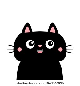 Black cat kitten kitty silhouette icon. Cute kawaii cartoon character. Happy face. Pink cheeks. Happy Valentines Day. Baby greeting card tshirt notebook cover print White background Flat design Vector