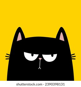 Black cat kitten kitty silhouette icon. Sad angry emotion. Cute kawaii cartoon character. Happy Valentines Day. Baby greeting card, tshirt, sticker print template. Yellow background Flat design Vector