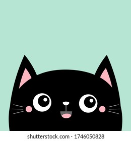 Black cat kitten kitty smiling icon. Kawaii cartoon character. Cute face. Happy Valentines Day. Pink cheeks. Baby greeting card tshirt notebook cover print. Blue background. Flat design. Vector