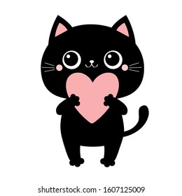 Black cat kitten kitty standing and holding big pink heart. Happy Valentines Day. Cute cartoon kawaii funny animal character. Flat design. Love card. White background. Isolated. Vector illustration