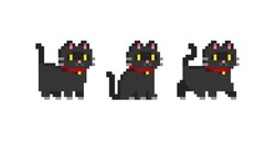 Black Cat Or Kitten In Pixel Art - Isolated Vector. Cute Kawaii Style Pixel Cats In Retro 8-bit Game Style. Cute Pixel Kitten Design For Stickers, Icons, T-shirt Screen Printing
