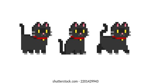 Black Cat or Kitten in pixel art - isolated vector. Cute kawaii style pixel cats in retro 8-bit game style. Cute pixel kitten design for stickers, icons, t-shirt screen printing
