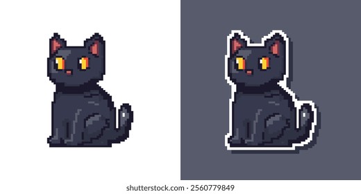 Black Cat or Kitten in pixel art isolated illustration and sticker vector. Cute kawaii  retro 8-bit game style. Design for stickers, icons, t-shirt, screen printing, etc. Mosaic trendy funky cat.