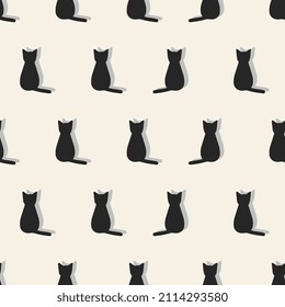 black cat, kitten shadow, 2 tone cats silhouette seamless pattern background, fabric and textile surface design, wrapping paper motif, gift cover texture, hand drawn wallpaper decor, minimal vector