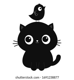 Silueta de gatito negro Pájaro en la cabeza. Caricatura graciosa. Kawaii es un animal de compañía. Portada para portátiles, camiseta, tarjeta de felicitación impresa. Estilo escandinavo. Diseño plano. Fondo blanco. Vector