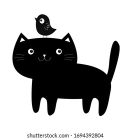 Black cat Kitten silhouette and funny bird. Cute black cartoon character. Kawaii baby pet animal. Notebook cover, tshirt, greeting card print. Scandinavian style. Flat design. White background. Vector