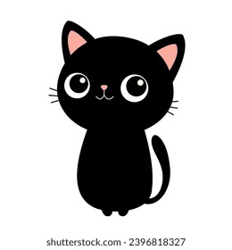 Black cat. Kitten sitting. Pink ears, nose. Cute cartoon funny character. Kawaii sad kitty baby animal. Love. Black silhouette sticker. Flat design. Isolated. White background. Vector illustration
