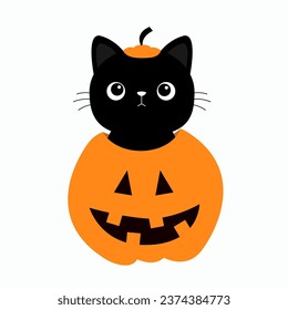 Black cat kitten sitting in pumpkin. Funny head face. Happy Halloween. Cute cartoon kawaii character. Pet baby collection. Greeting card. Flat design. White background. Isolated. Vector illustration