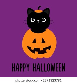 Black cat kitten sitting in pumpkin. Happy Halloween. Funny head face. Cute cartoon kawaii character. Pet baby collection. Greeting card. Flat design. Violet background. Isolated. Vector illustration