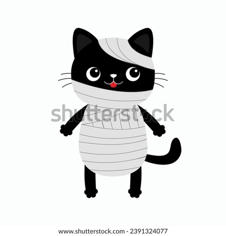 Black cat kitten wearing mummy monster costume. Happy Halloween. Funny face. Cute cartoon spooky baby character. Mum head. Greeting card. Flat design. White background. Isolated. Vector illustration