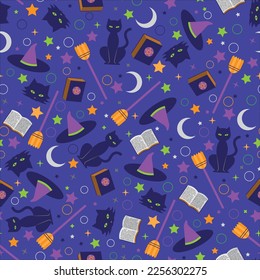 black cat kitty witch stars moon spell book repeat seamless pattern purple blue yellow grey 