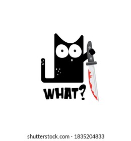 Gato negro y cuchillo aislado en fondo blanco. Gracioso gato negro de Halloween sosteniendo un cuchillo sangriento. Ilustración del concepto de Halloween