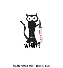 Schwarze Katze und Messer einzeln auf weißem Hintergrund. Hübsche schwarze Katze Halloween, die ein blutiges Messer hält. Halloween-Concept-Illustration