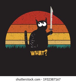 Black cat and knife isolated on vintage retro background with retro stripped sun. Funny Halloween black cat holding a bloody knife. Halloween concept illustration or tee shirt print